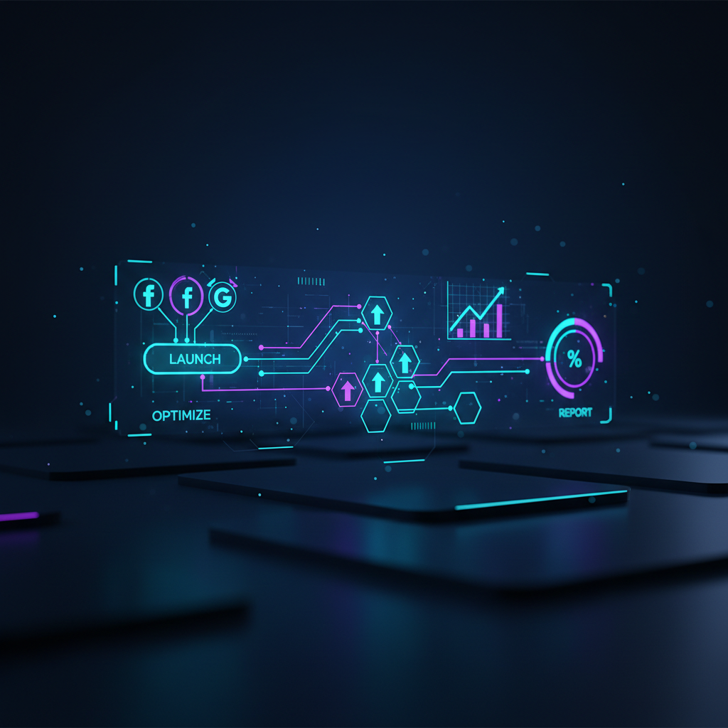 The GoHighLevel AI Ad Manager dashboard showing campaign metrics and automated AI optimization settings.