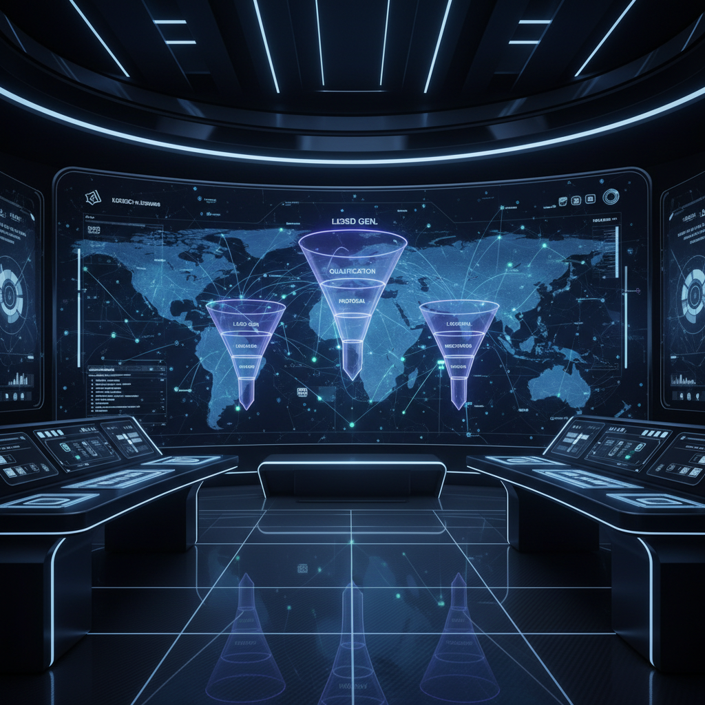 A futuristic digital dashboard showing automated sales funnels and growth metrics illustrating why your business needs a CRM.