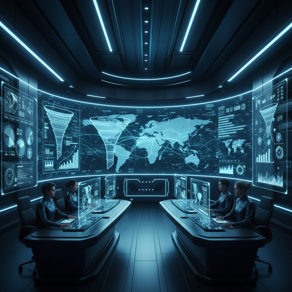 A high-tech digital command center representing a 24/7 sales machine with glowing data nodes and conversion funnels.