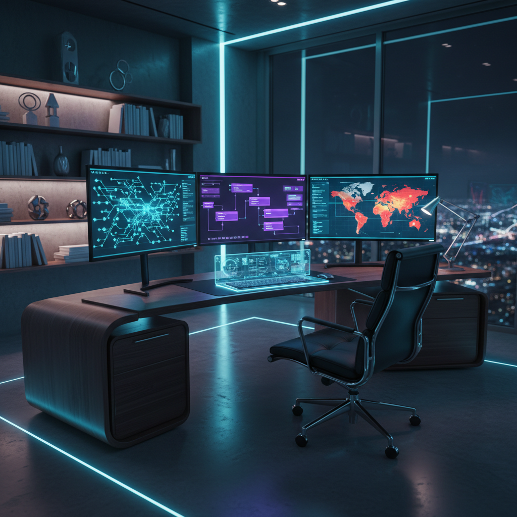A professional digital workspace with dual monitors showing complex marketing automation workflows and sales funnel analytics.