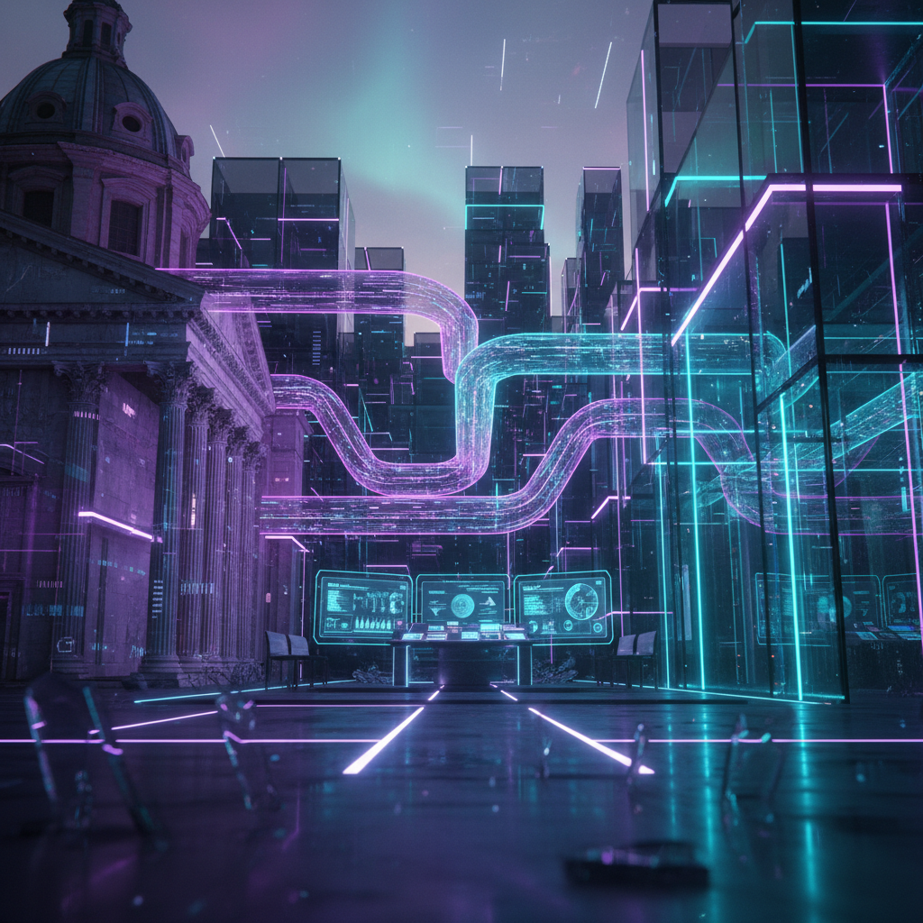 Abstract digital landscape showing data packets moving from a WordPress logo structure into a modern GoHighLevel interface with SEO growth charts.