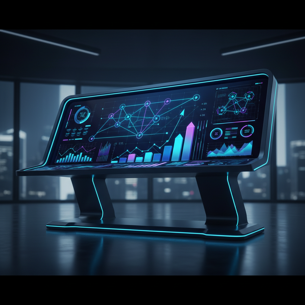 A high-tech digital dashboard displaying marketing ROI, conversion rates, and attribution data in a dark blue professional interface.