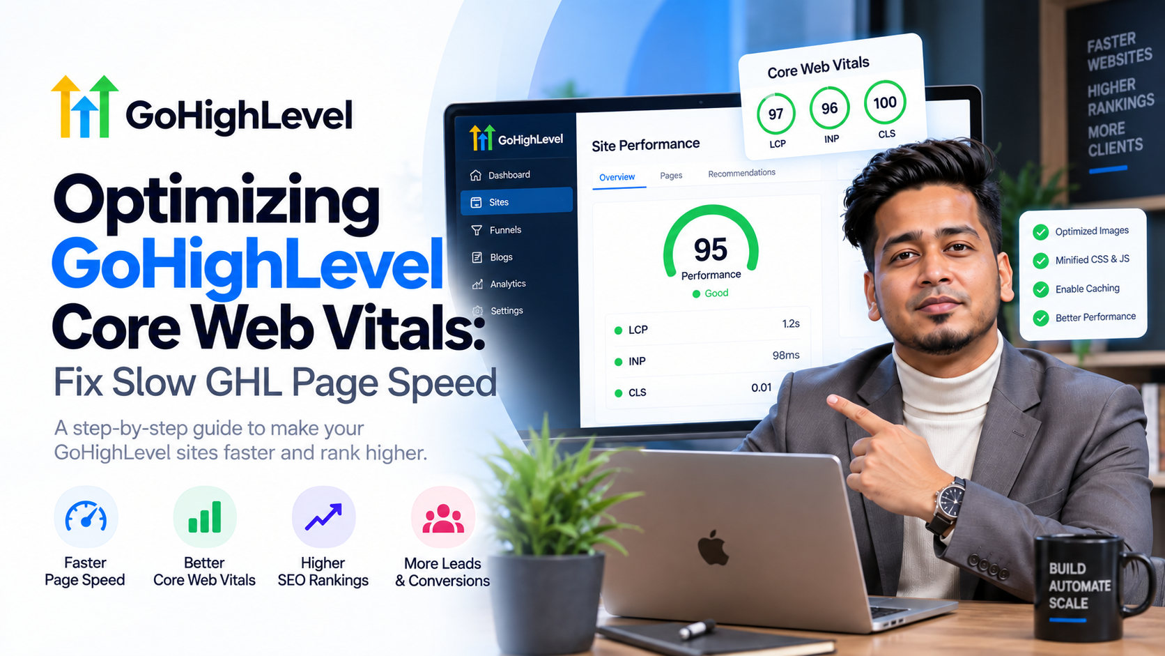 Optimizing GoHighLevel Core Web Vitals — fix slow GHL page speed dashboard graphic