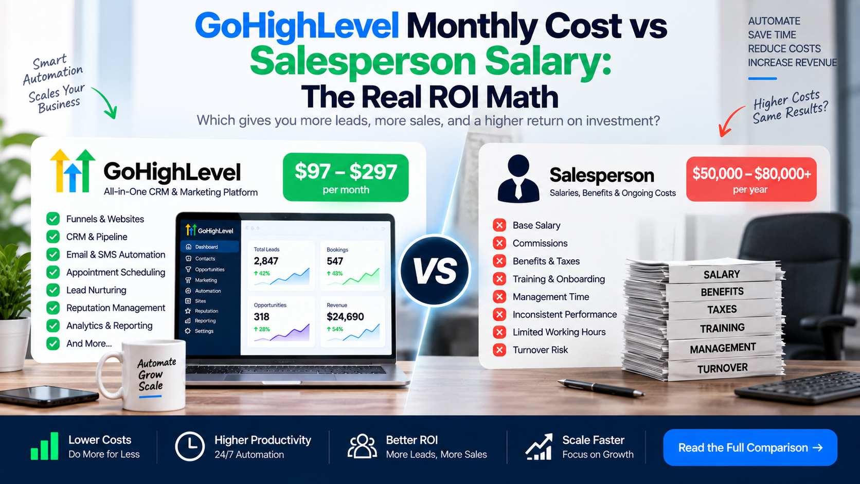 GoHighLevel monthly cost vs salesperson salary — ROI comparison banner