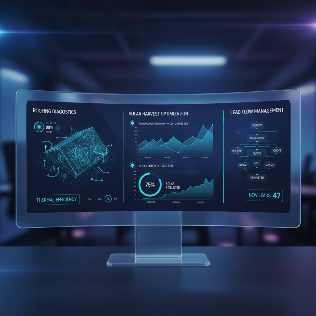 A digital dashboard showing roofing sales metrics and automated lead funnels for high-conversion contractor marketing.