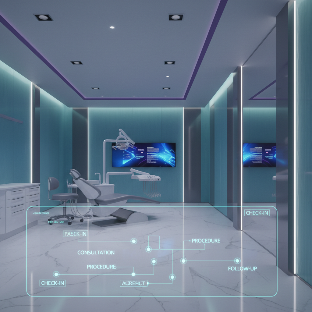 A professional dental office setting with a digital tablet displaying automated scheduling workflows and patient dashboards.
