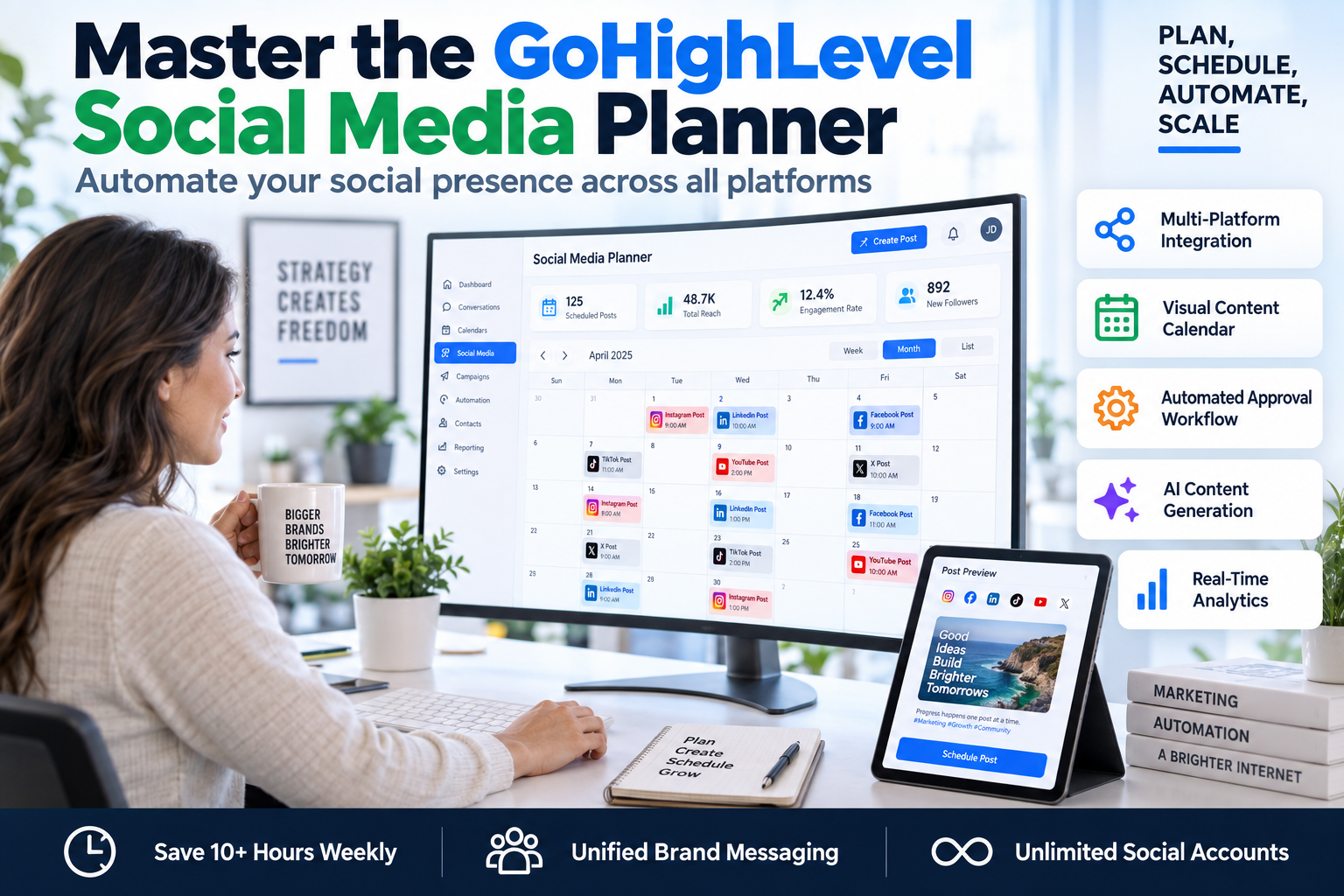 GoHighLevel Social Media Planner dashboard showing scheduled posts on a content calendar