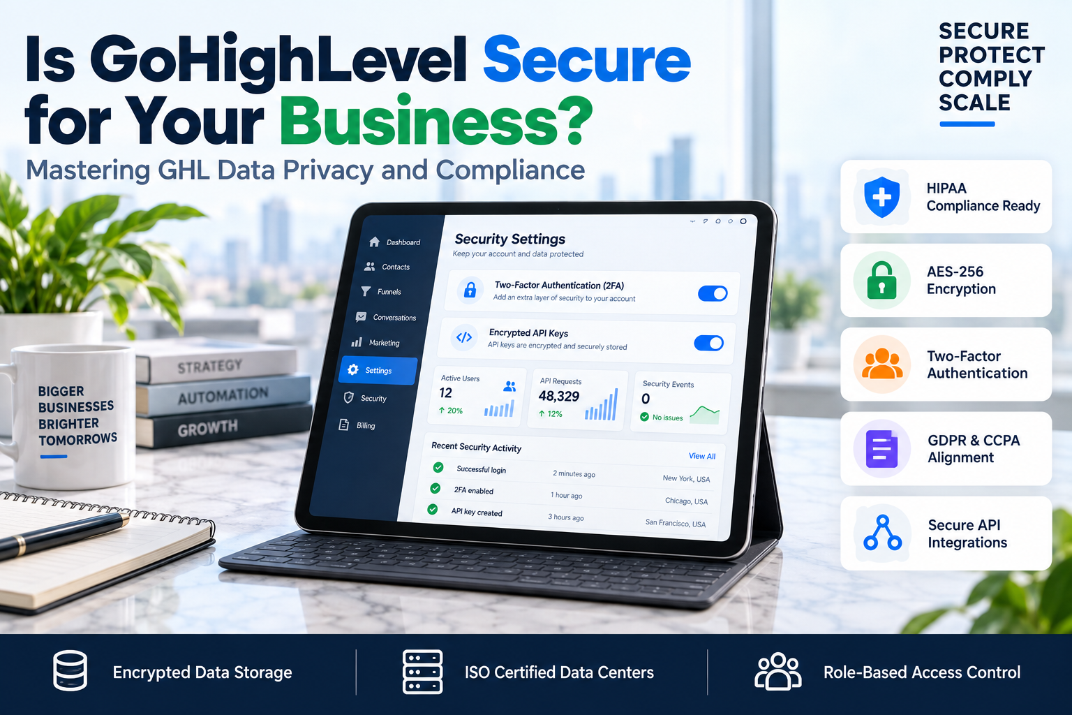 A secure digital dashboard representing GoHighLevel security features and encrypted data protection.