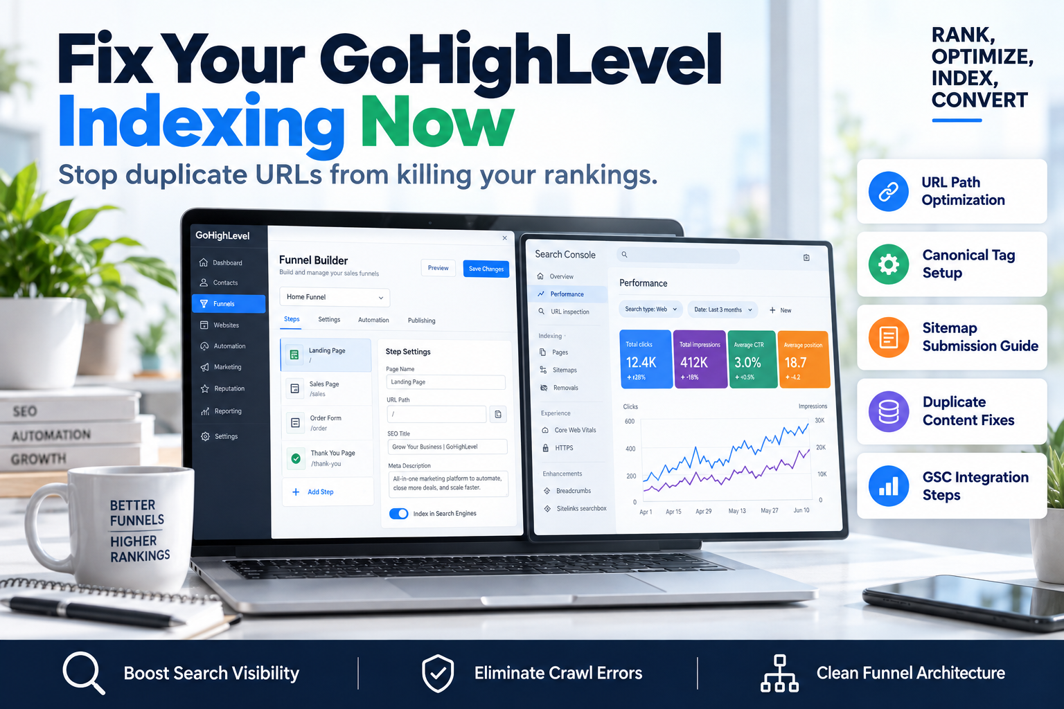 A digital marketer reviewing GoHighLevel indexing issues and funnel SEO settings on a dual monitor setup.