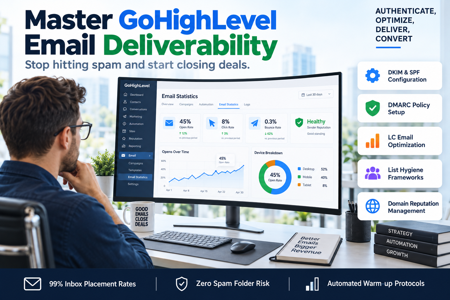 A GoHighLevel dashboard showing high email open rates and successful inbox delivery metrics.