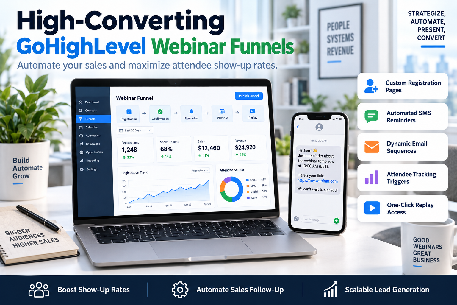 A professional laptop screen displaying a high-converting GoHighLevel webinar registration page and automation workflow.