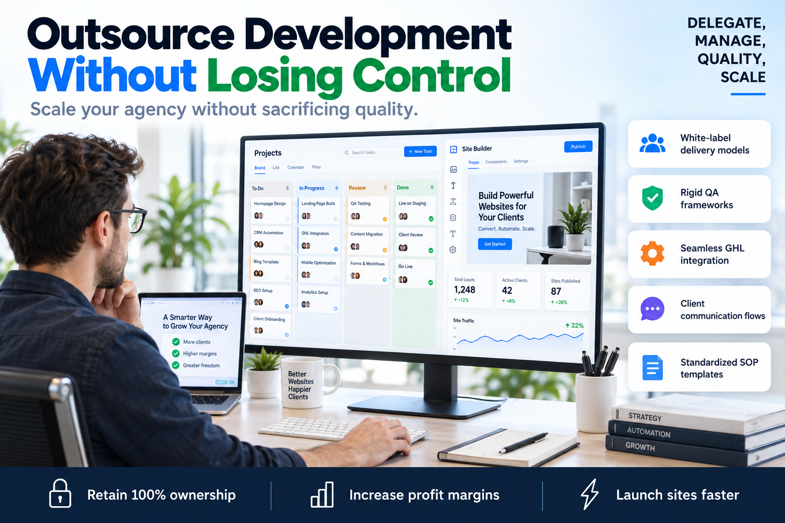 A professional agency owner managing a remote web development project using a high-conversion dashboard.