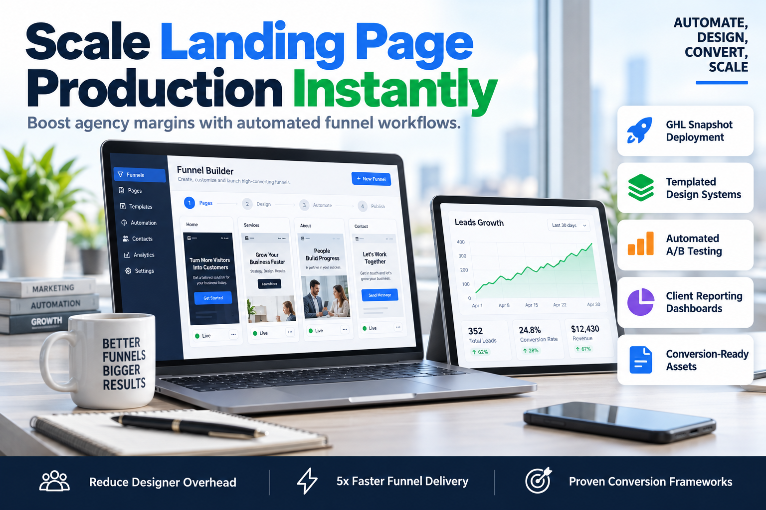 A modern agency workspace showing a GoHighLevel dashboard displaying multiple landing page conversion metrics.