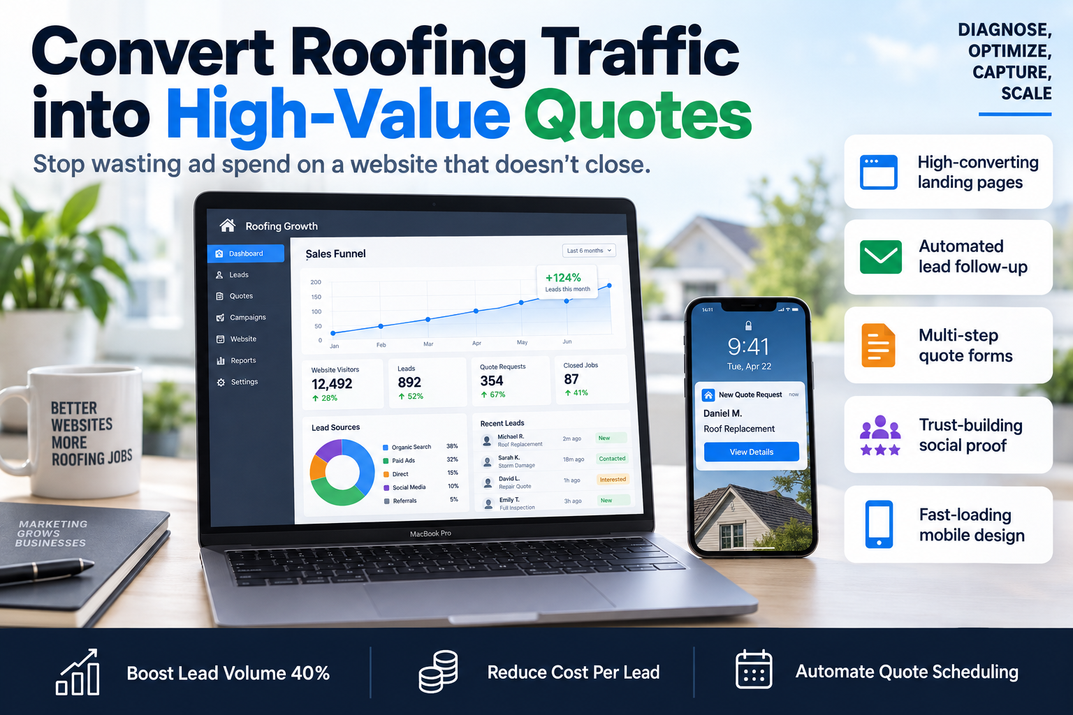 A modern roofing company website displayed on a laptop showing a high-conversion quote request form.