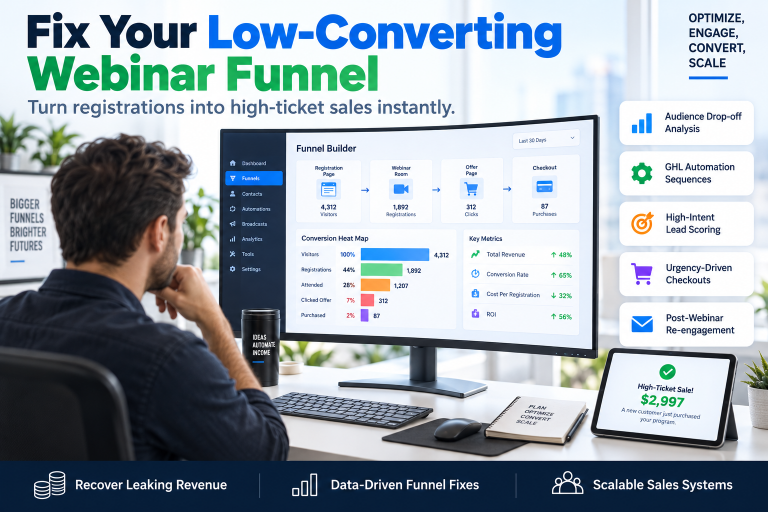A professional digital dashboard showing webinar funnel analytics with red arrows pointing to low conversion rates.